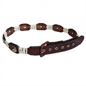 Vintage Brown Leather Concho Bronco Riding Men Belt 36 Rodeo Western Gold Silver